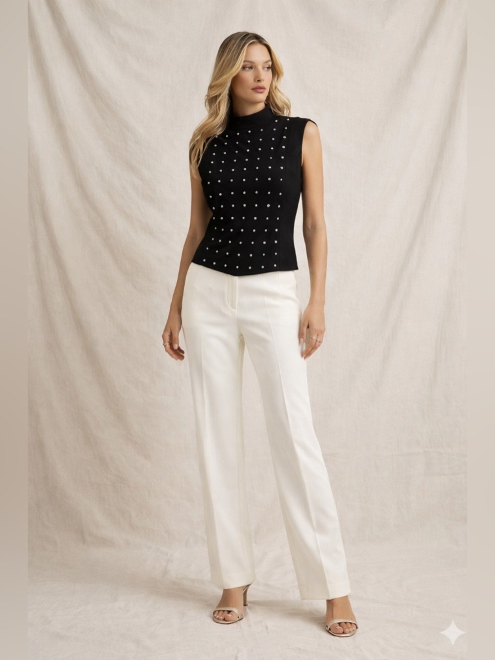 Black Sleeveless Mock-Neck Top with Crystal Studs